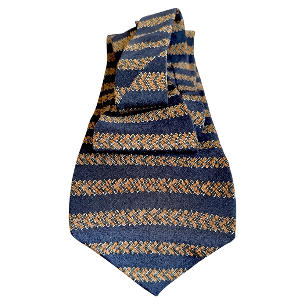 Kenneth Cole Striped Geometric Pattern Dark Blue and Tan Silk Tie